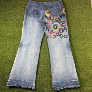 Akademiks Womens 38 Graphic Print Wide Leg Jeans Light Wash Y2K Streetwear Denim